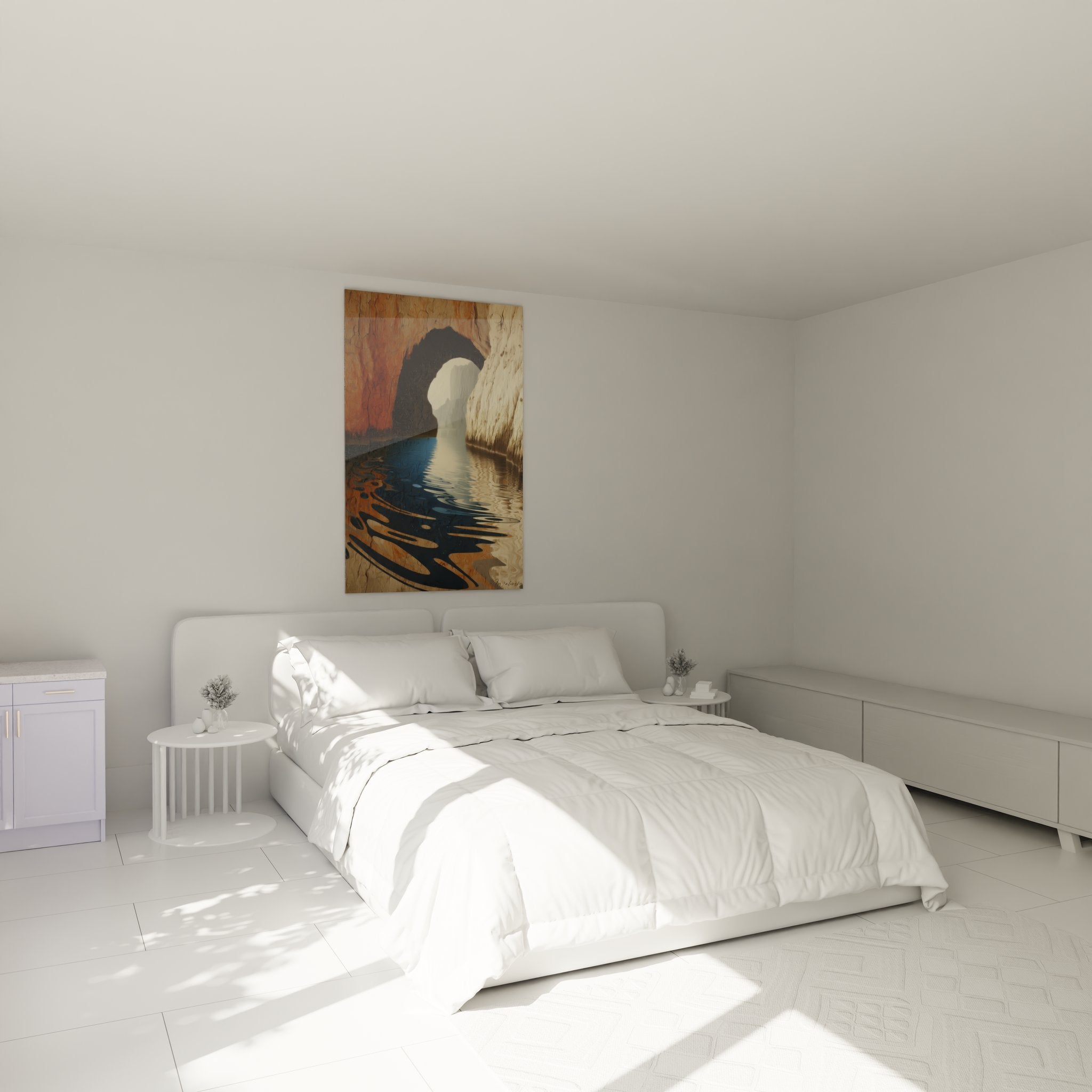 Tableau grotte marine ambiance chambre décoration murale reflets dorés caverne naturelle apaisante