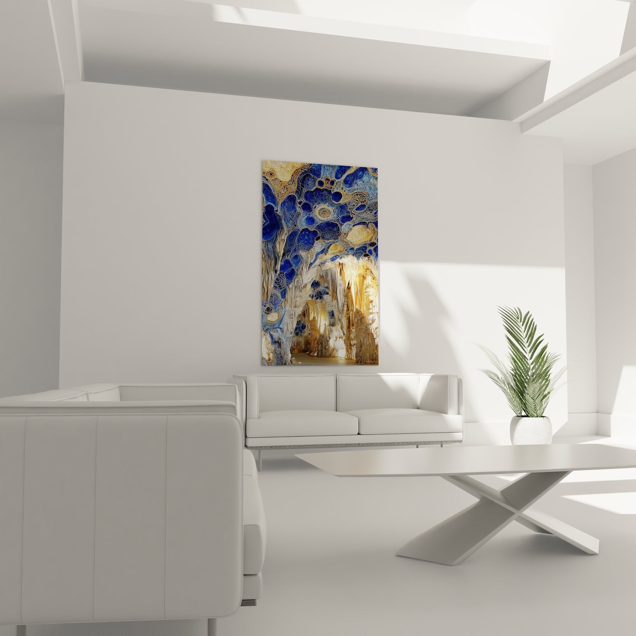 Détail tableau grotte motifs géométriques dorés bleus formations stalactites artistiques
