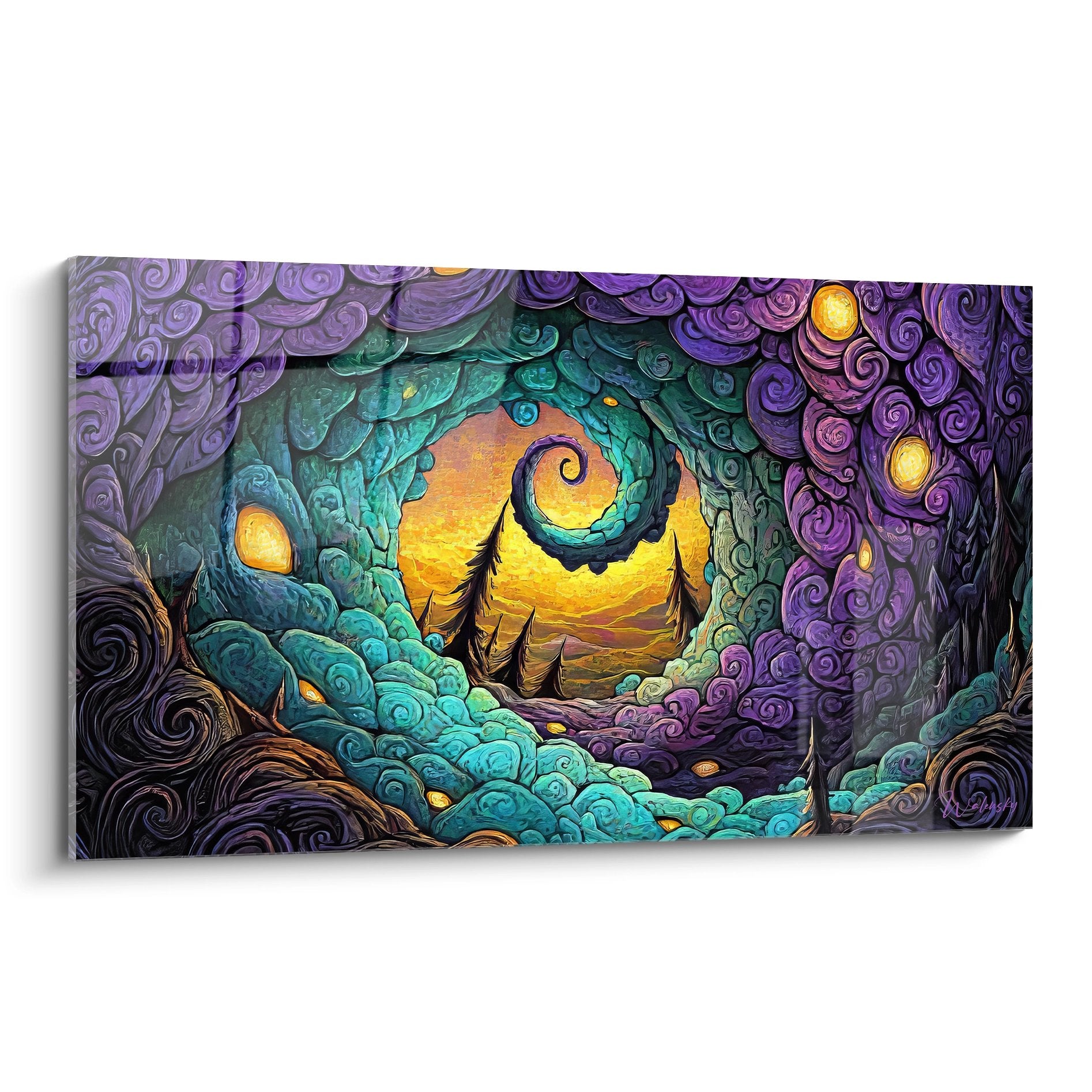 Tableau mural grotte mystique aux spirales abstraites colorées avec portail lumineux central