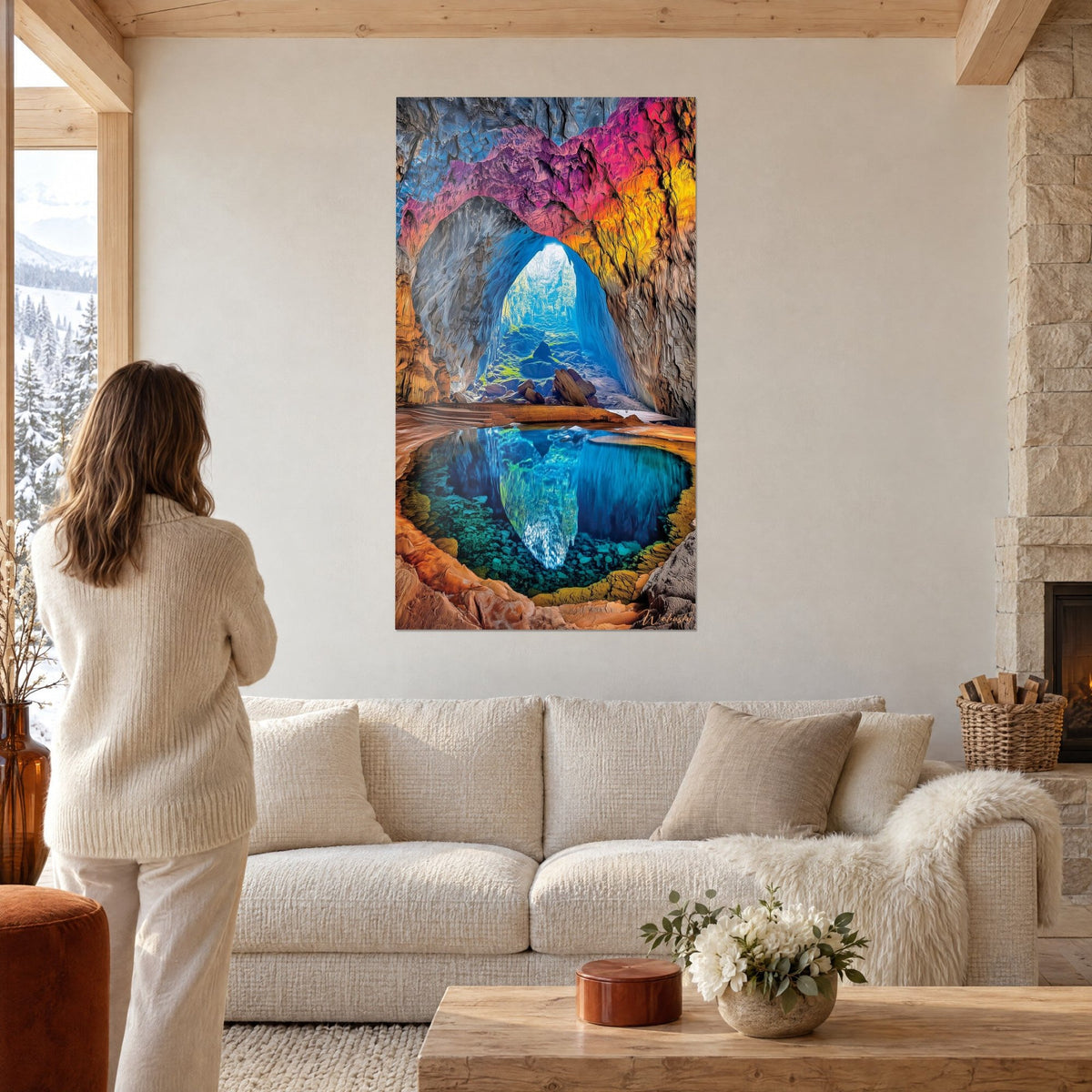 Cuadro cueva de bóvedas rosas y naranjas que se abren a un lago azul, mujer de espaldas, sobre un sofá en un salón luminoso