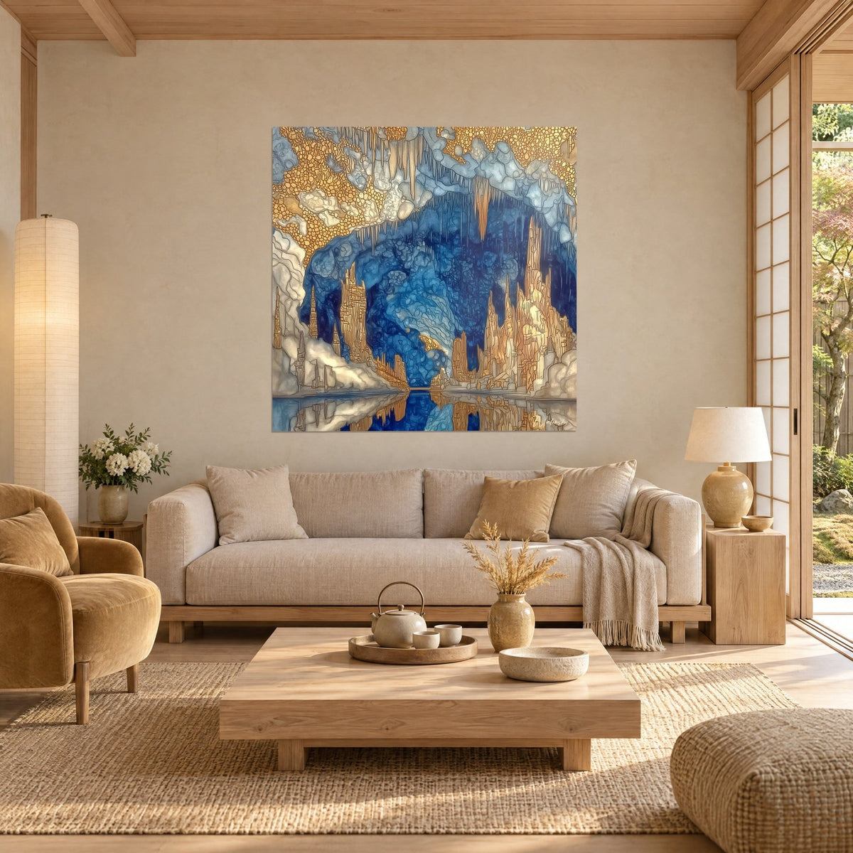 Gemälde Höhle mit goldenen Stalaktiten auf kobaltblauem Grund, spiegelnder See, über einem Sofa in einem hellen Wohnzimmer