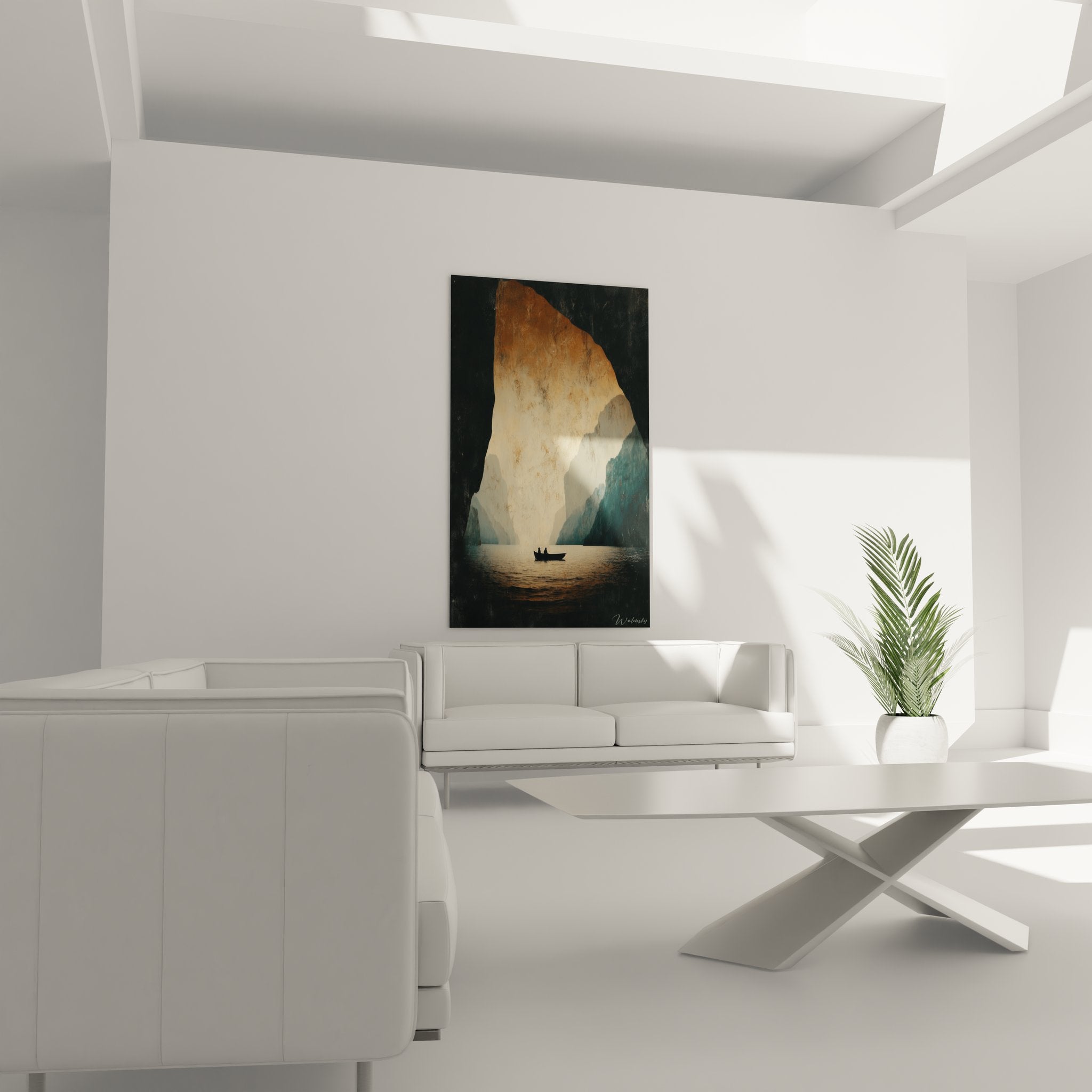 Détail rapproché tableau grotte naturelle, textures rocheuses et reflets dorés sur l'eau