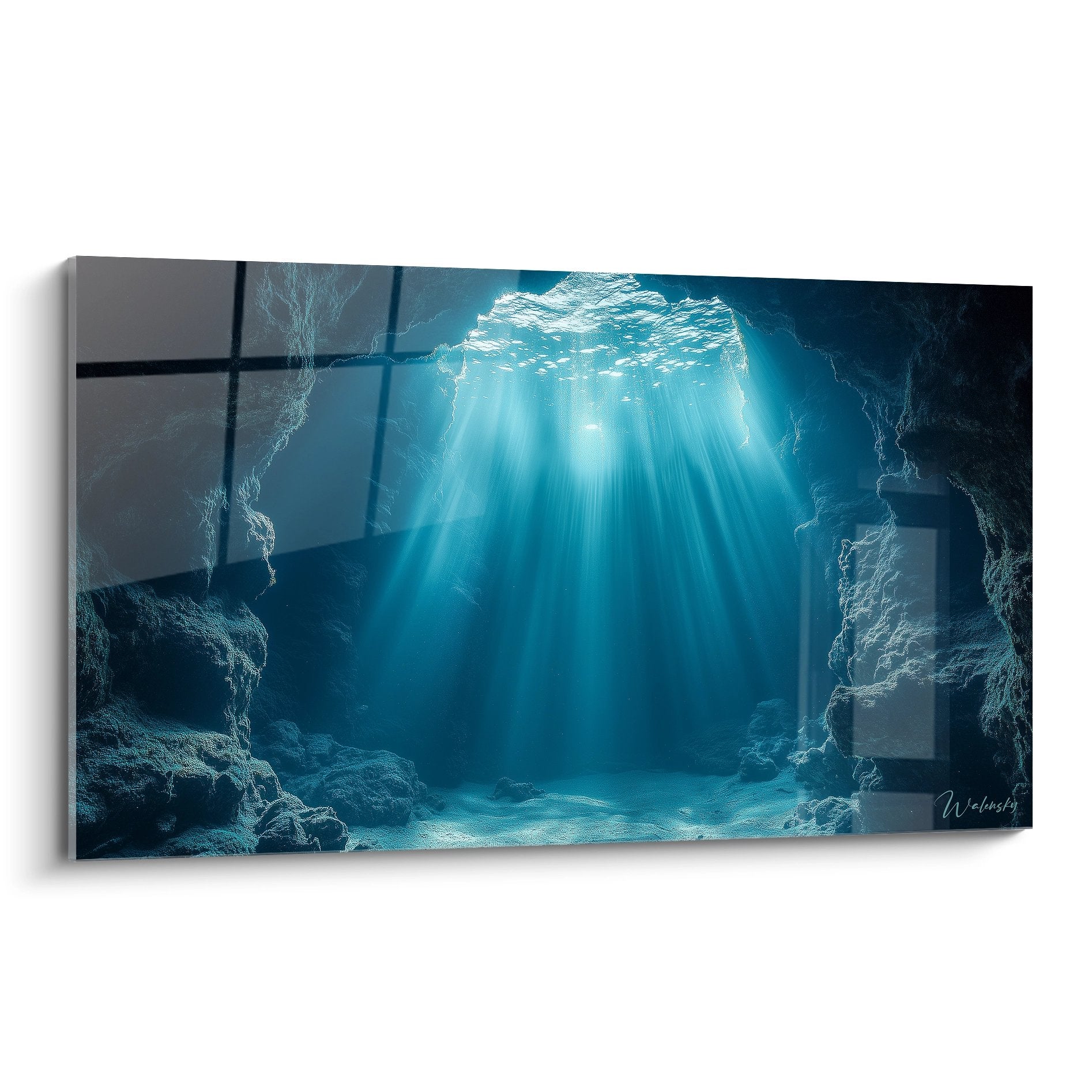 Tableau grotte sous-marine avec rayons lumineux perçant la surface, décoration murale fonds marins