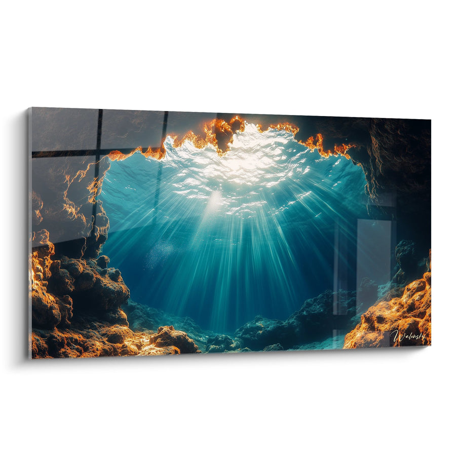 Tableau grotte sous-marine avec rayons de soleil - Lumière des profondeurs - édition fonds marins