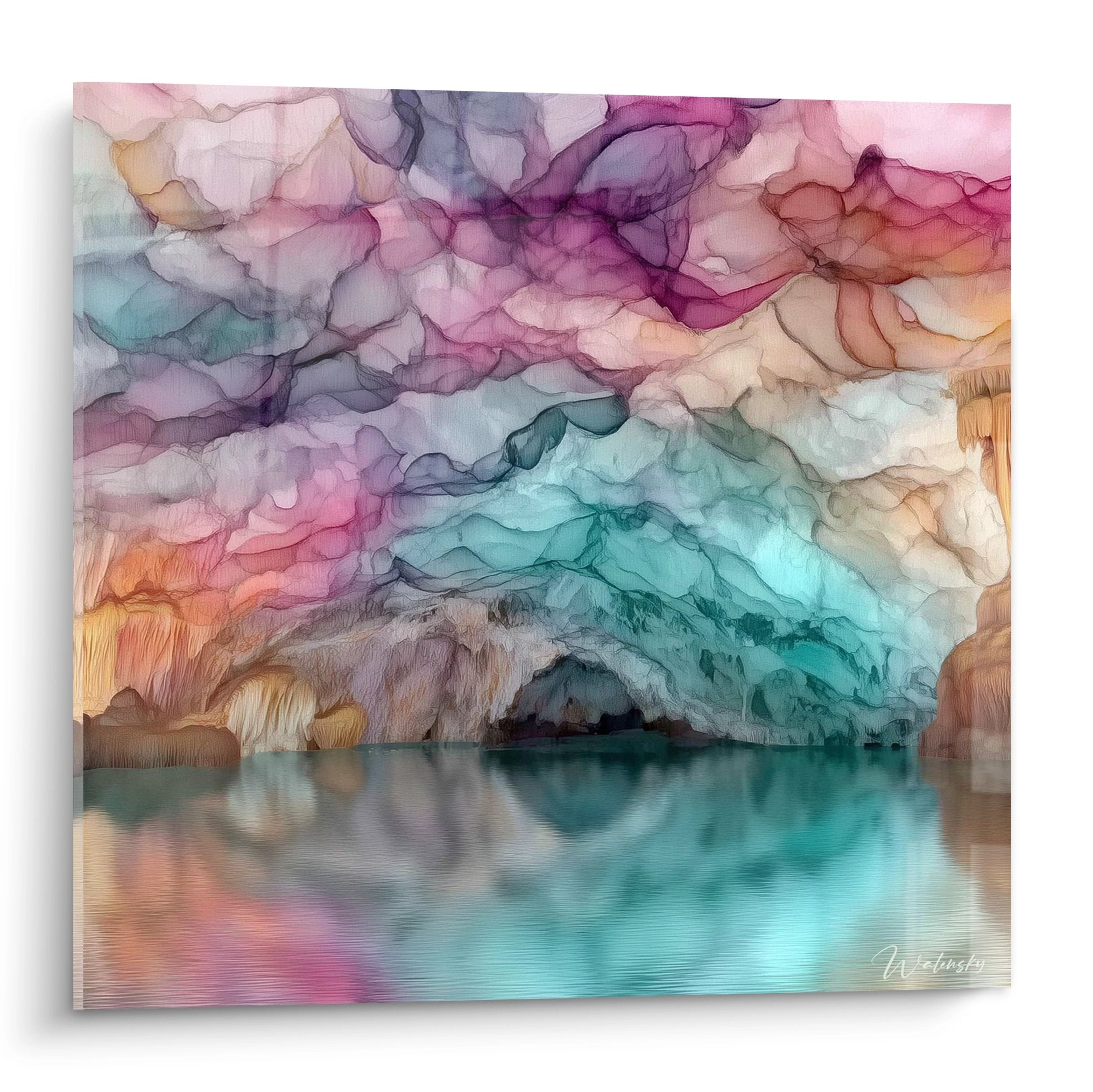 Tableau mural grotte souterraine colorée avec reflets aquatiques - art décoratif grottes naturelles