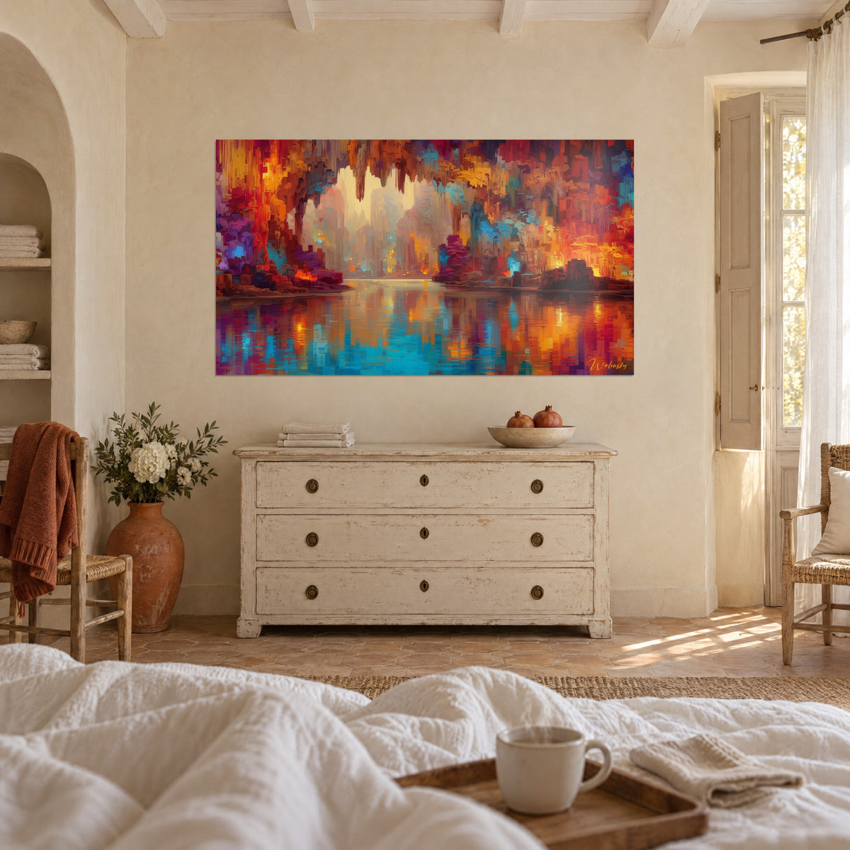 Cuadro sala rocosa con estalactitas rojas y doradas, agua turquesa vibrante, encima de una cama en un dormitorio luminoso