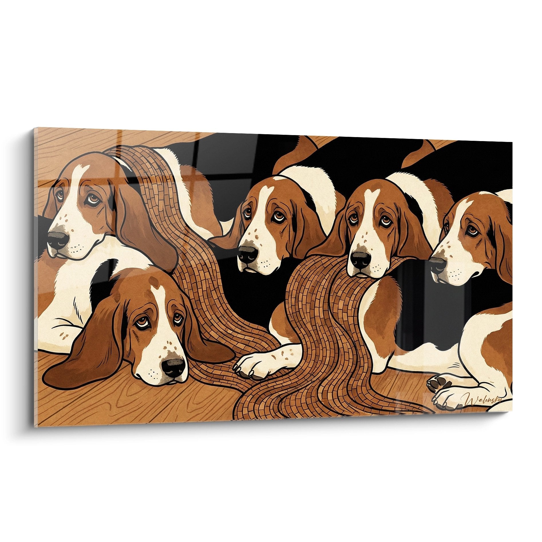 Tableau artistique représentant un groupe de Basset Hound aux robes tricolores couchés sur parquet en bois naturel