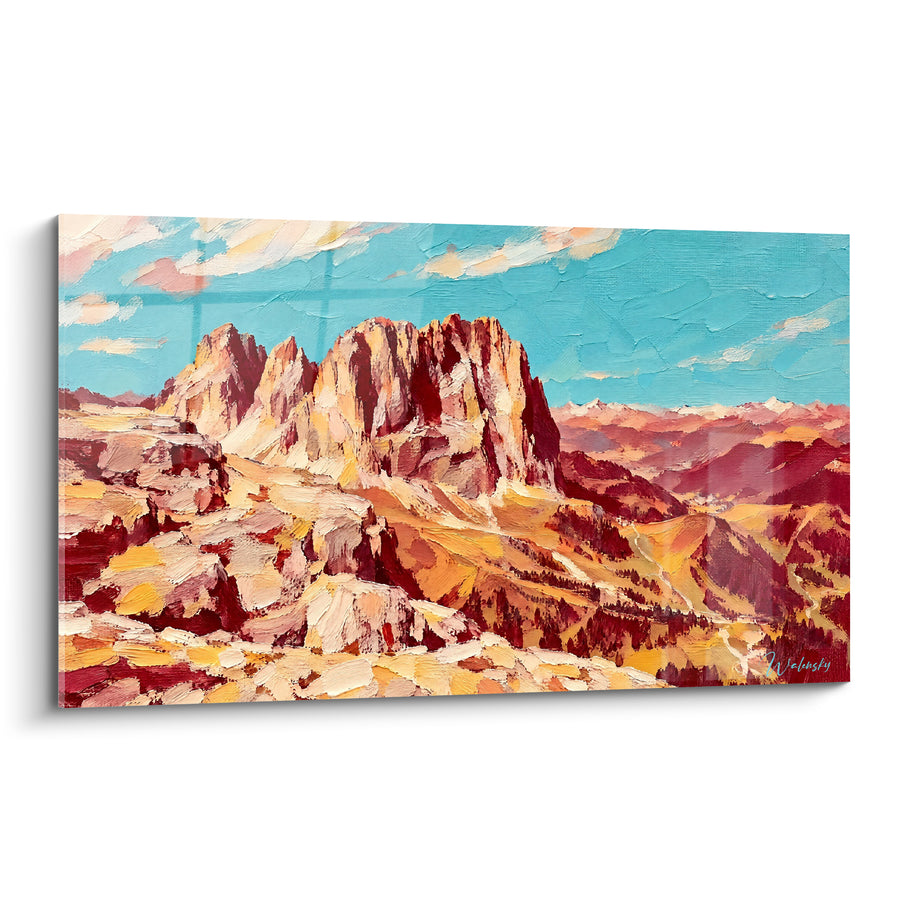 Tableau Massif rocheux ocre et turquoise au couchant - Souffle des hauteurs - Edition Groupe du Sella Italie