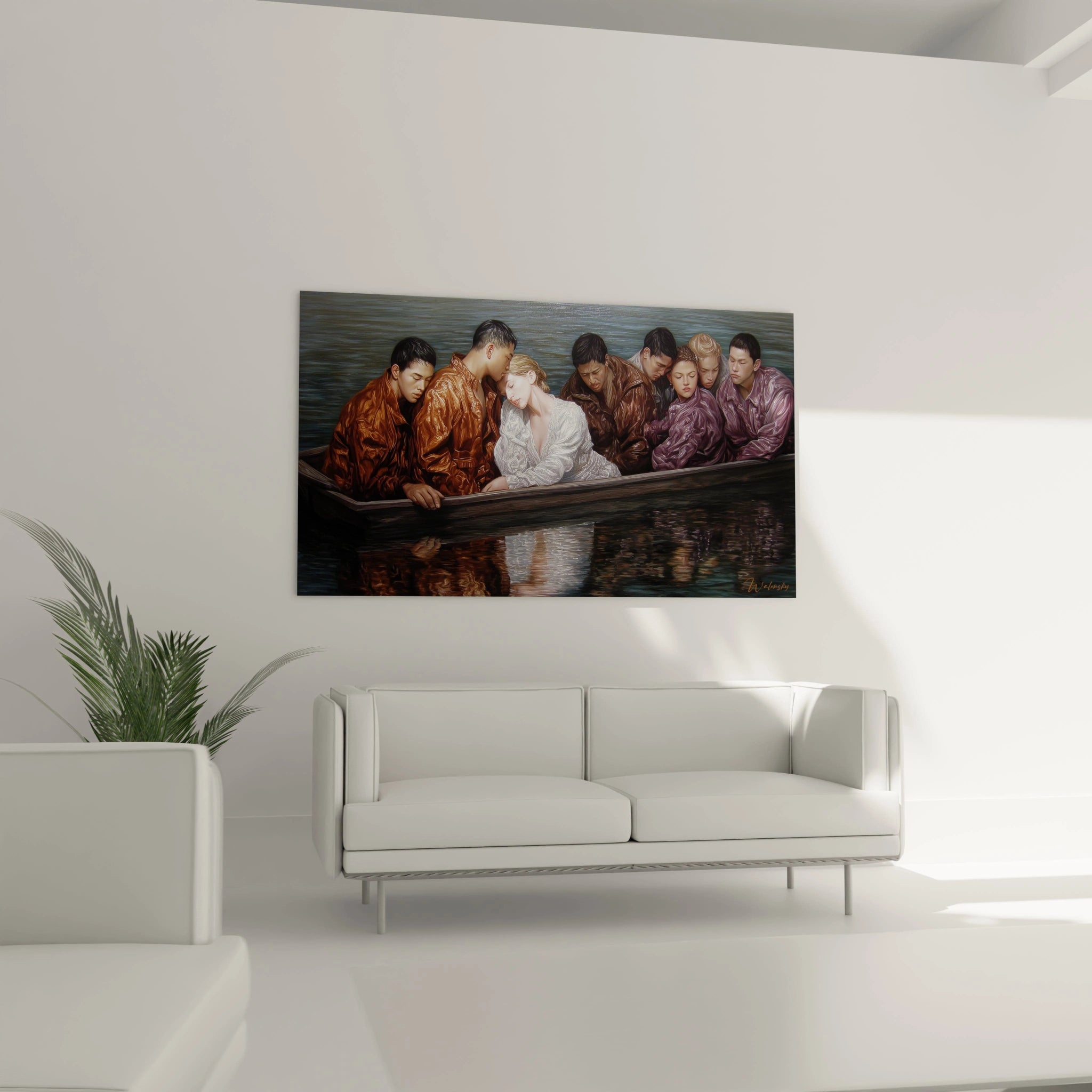 Tableau Walensky d'un groupe serré dans une barque au bord de l'eau avec reflet, tableau méditation collective hyperréalisme