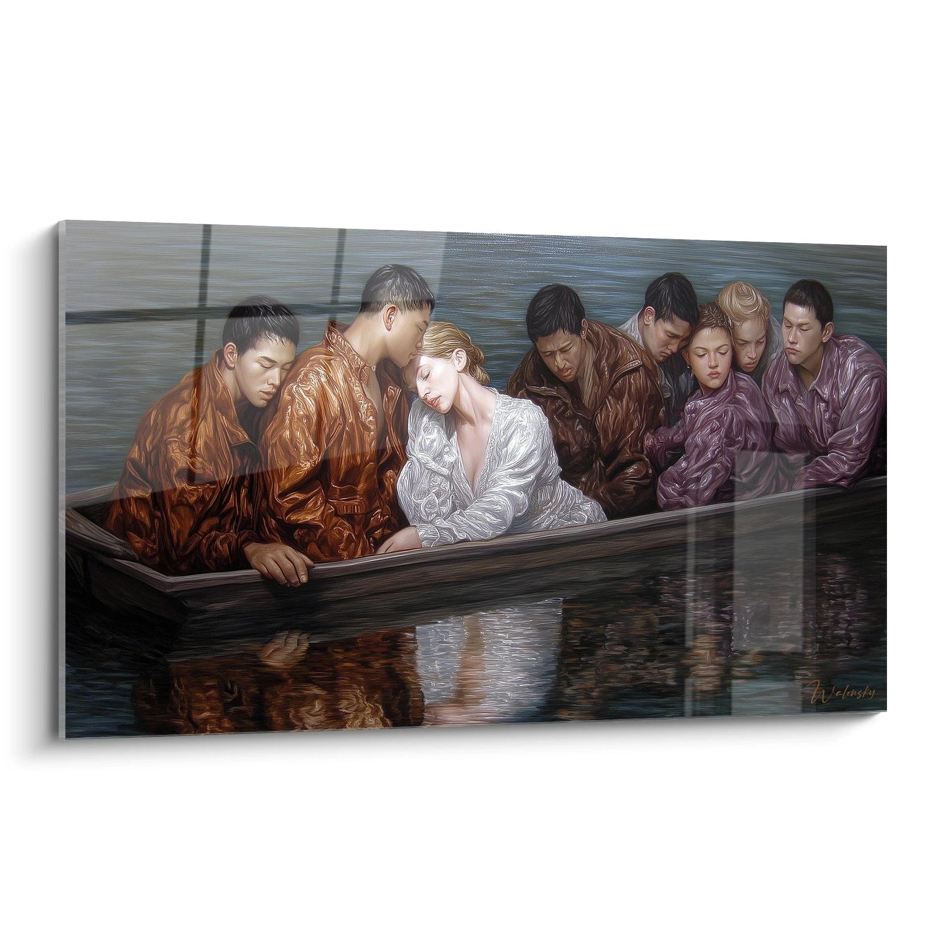 Tableau mural montrant sept personnes endormies dans une barque, reflet apaisant, tableau méditation collective hyperréalisme