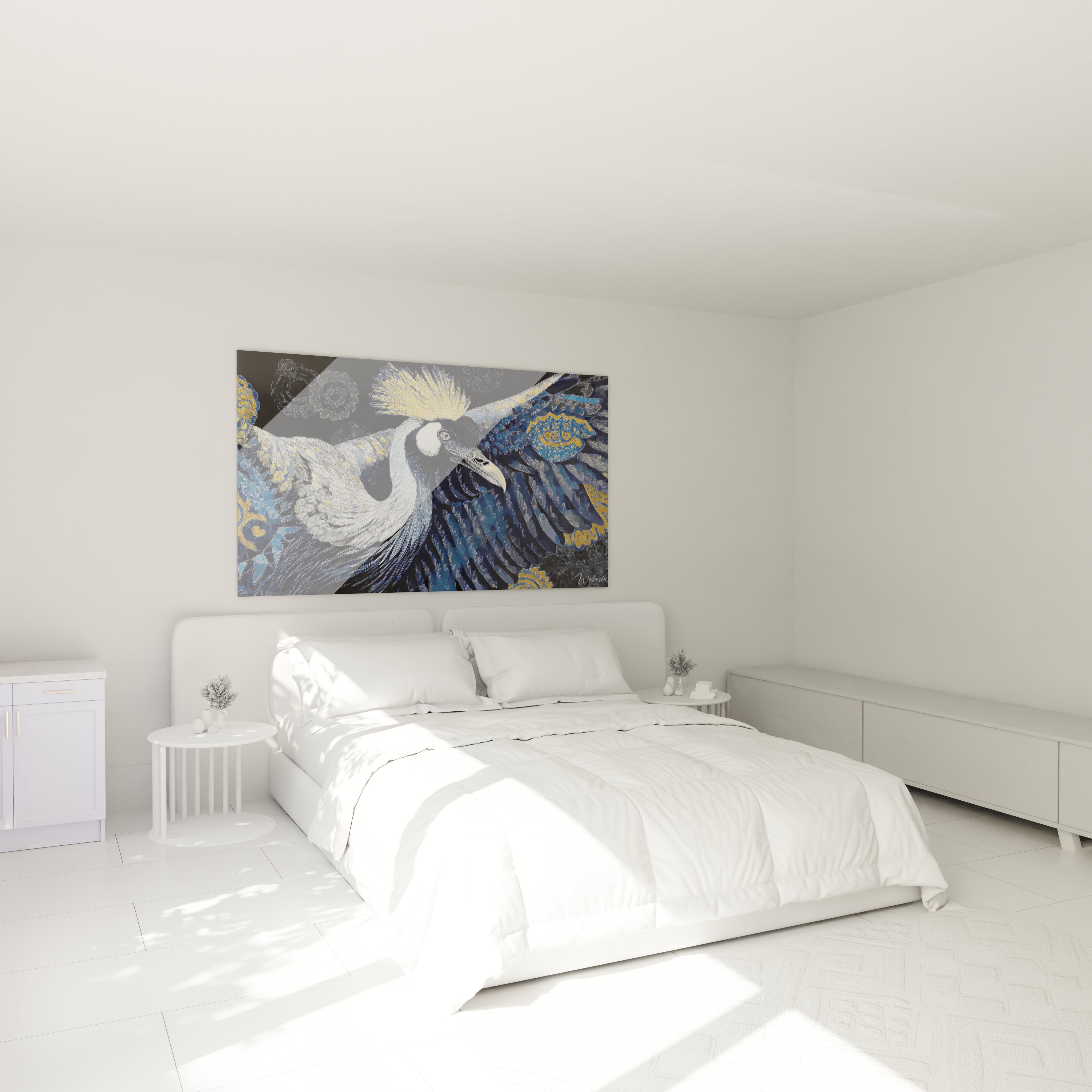 Tableau grue couronnée dans chambre moderne, décoration murale oiseau élégant ambiance cosy