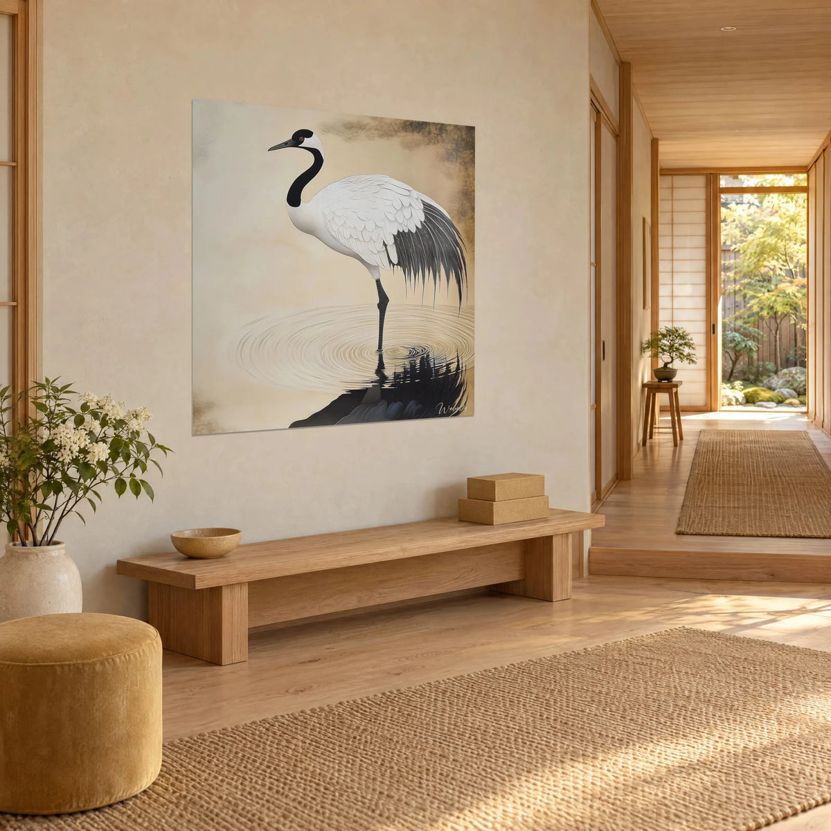 Gemälde weißer Watvogel mit schwarzen Schwingen, geschwungenem schwarzem Hals und beigen Wasserkreisen, Dreiviertelansicht in einem Japandi-Flur