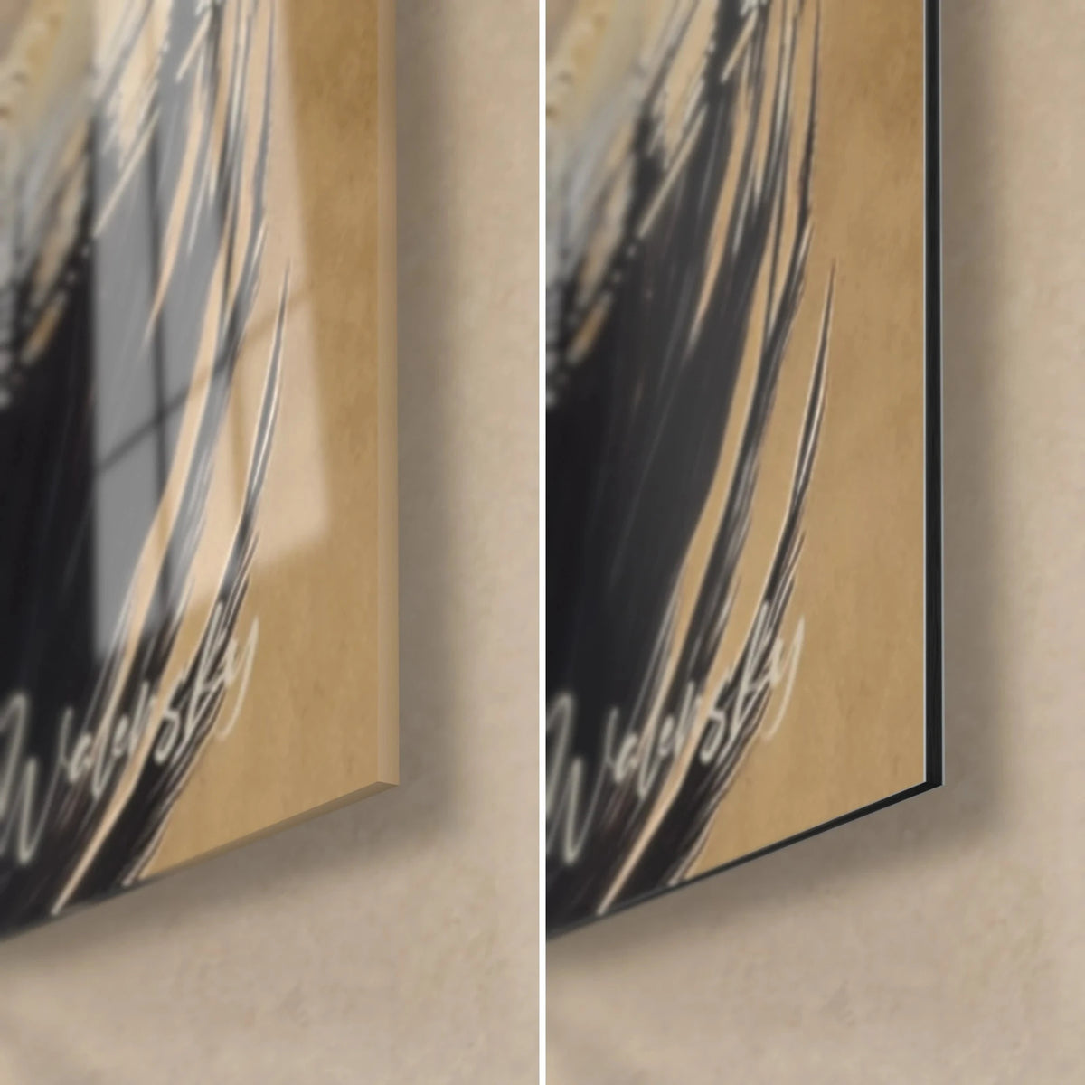 Gemälde weißer und schwarzer heiliger Vogel mit feinen Federn, untere rechte Ecke: glänzendes Acrylglas links, mattes Dibond rechts