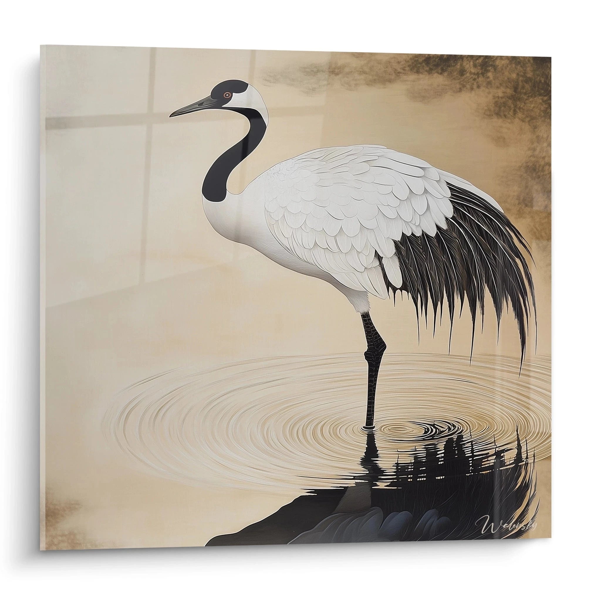 Tableau grue élégant blanc et noir signé Walensky avec reflet dans l'eau sur fond beige