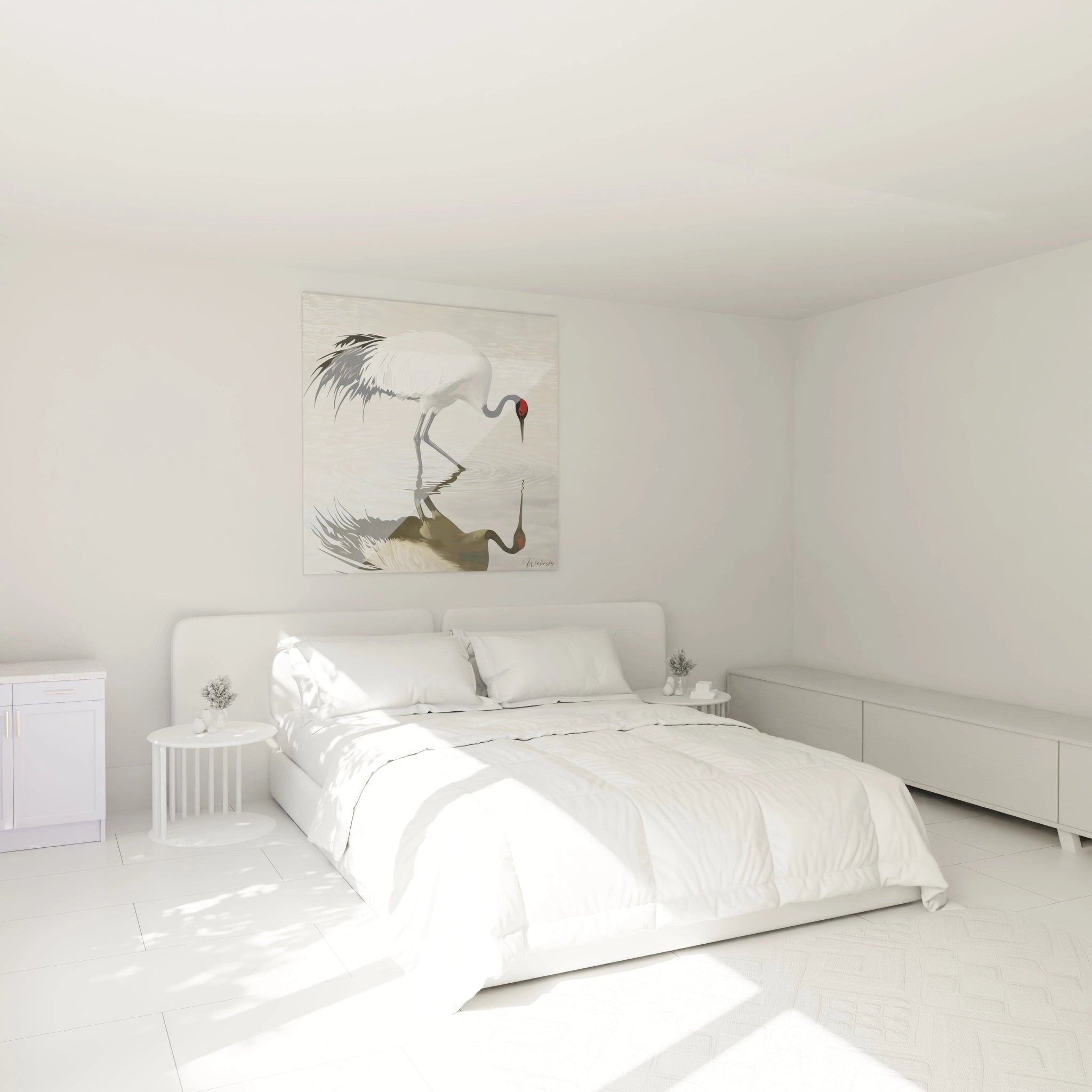 Tableau grue Walensky accroché dans une chambre blanche minimaliste avec lit et meubles modernes