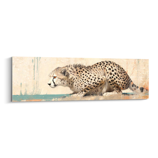 Tableau Guépard tacheté accroupi sur fond beige turquoise - Affût silencieux - Edition Guépard