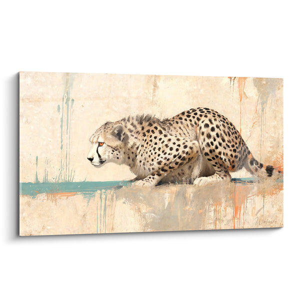 Tableau Guépard accroupi coulées turquoise et corail - Tension avant l'assaut - Edition Guépard