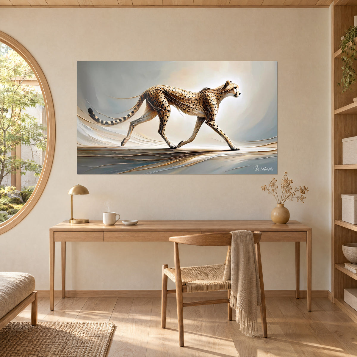 Wall art of a refined feline silhouette, amber coat traced with fine lines on a blue-grey background, above an oak desk