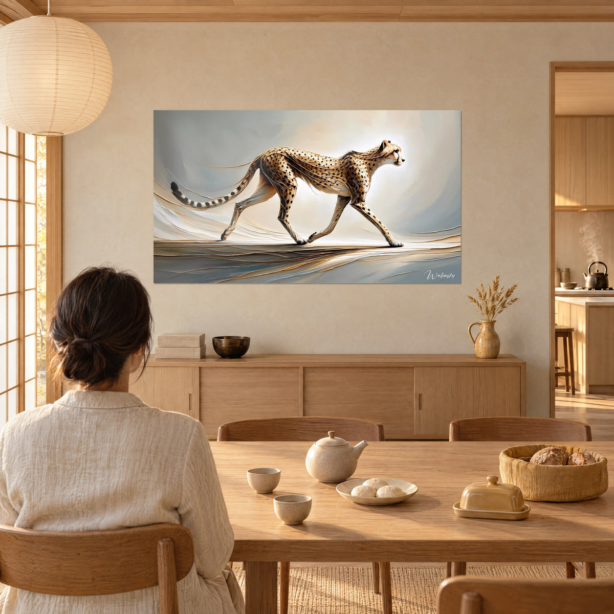 Wall art of a savannah hunter on a stroll, ochre and cream coat, golden palette-knife strokes, facing a light wood table