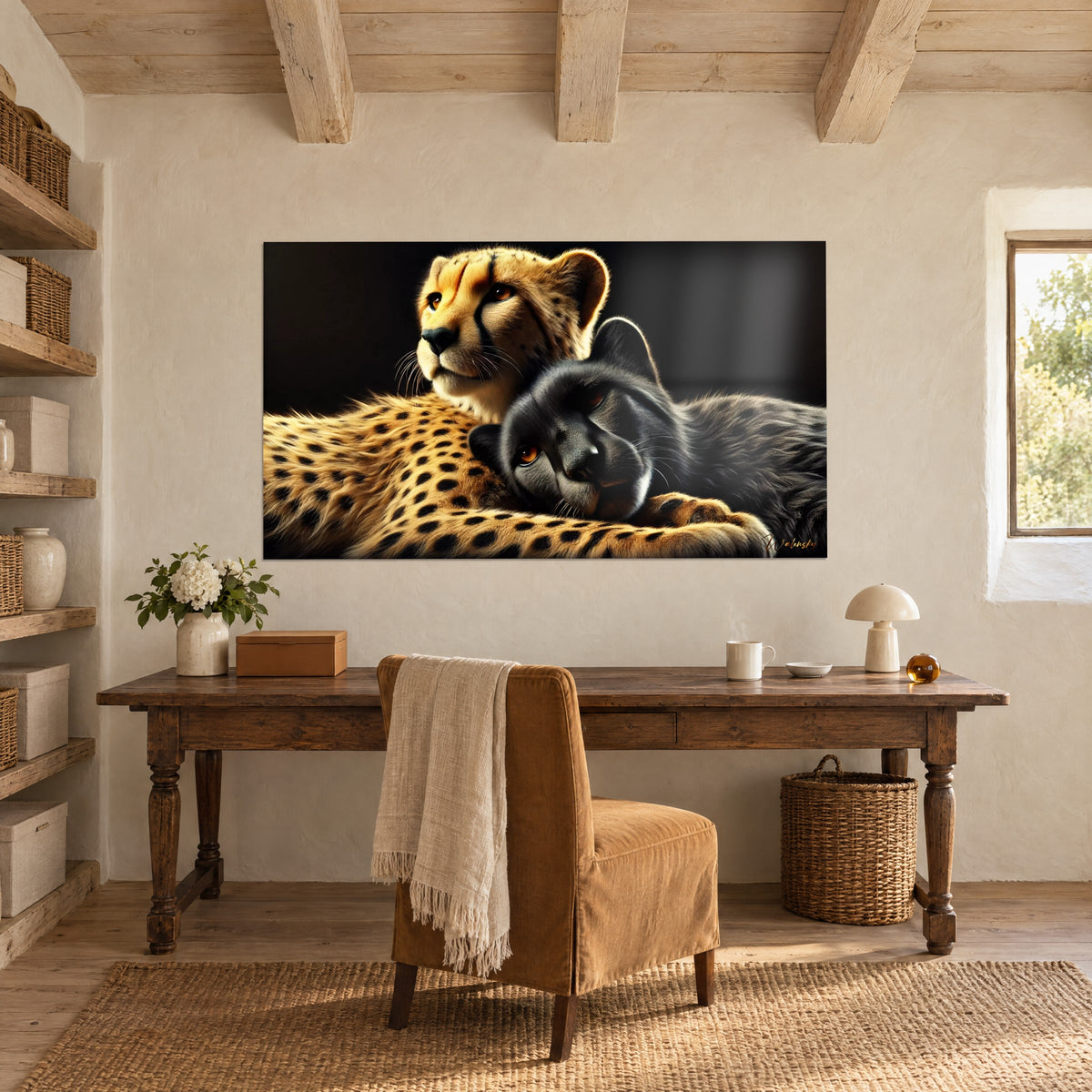 Tableau jeune guépard au regard ambré et panthère noire endormie, fond obscur, ocre et gris anthracite, bureau en bois, poutres apparentes