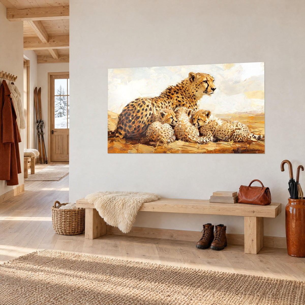 Tableau mère guépard au pelage ocre moucheté de noir et ses petits endormis, ciel crème, vue de trois-quarts dans un chalet