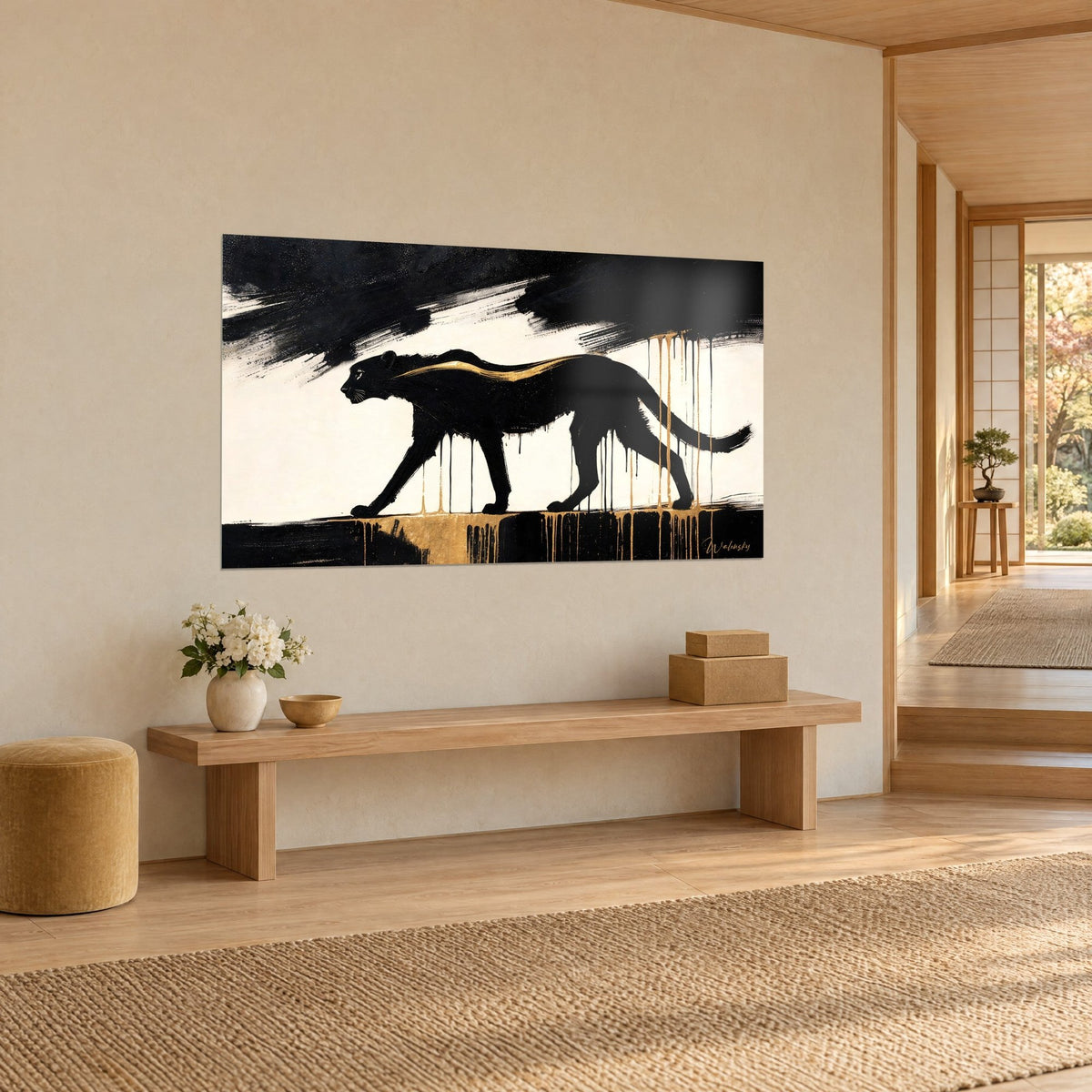 Wall art prowling panther, black ink silhouette with a golden vein along the back, cream background, beige wall of a japandi living room