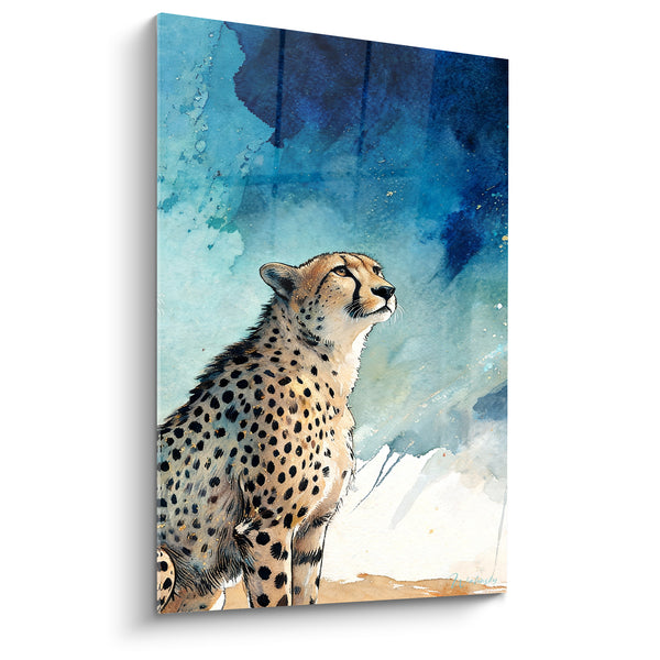 Tableau Guépard assis fond bleu aquarelle - Vigie de l'aube - Edition Guépard