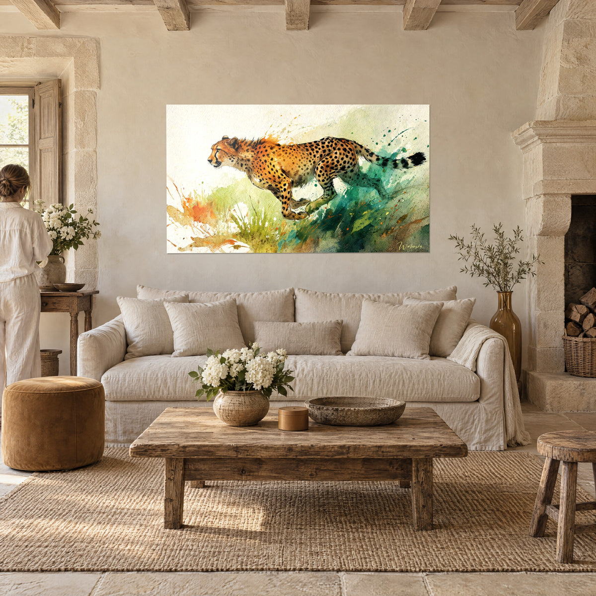 Wall art of a leaping spotted wildcat, ochre and emerald green, paint splashes, above a sofa in a bright living room