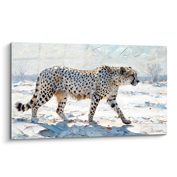 Tableau Guépard blanc et bleu pâle sur étendue enneigée - Empâtements neigeux texturés - Edition Guépard