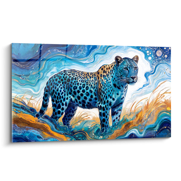 Tableau Guépard bleu et doré sur fond marbré - Songe nocturne - Edition Guépard