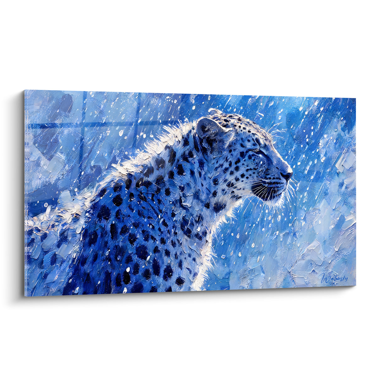 Guépard bleu marine et blanc de profil, fourrure texturée sous une pluie intense en empâtements.