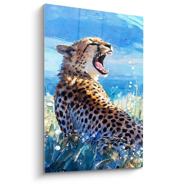 Tableau Guépard bâillant fond bleu et doré - Rugissement sauvage - Edition Guépard