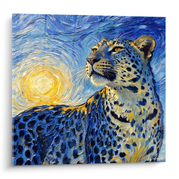 Tableau Guépard bleu et doré sous un soleil tourbillonnant - Veille sous les astres - Edition Guépard