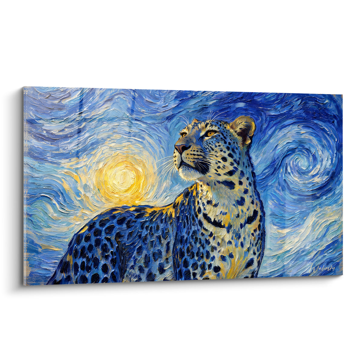 Guépard peint en empâtements bleu marine et doré, regard levé vers un soleil tourbillonnant