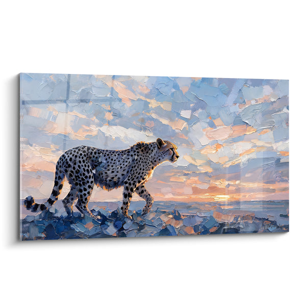 Tableau Guépard marchant sous ciel bleu et orangé - Marche vers l'horizon - Edition Guépard
