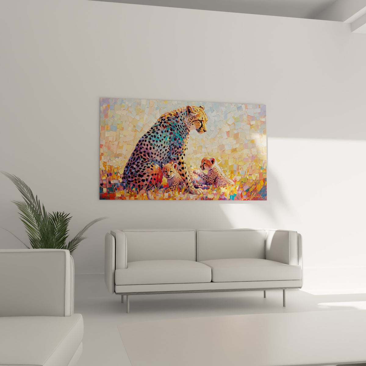 Mère guépard bleu pastel et petits dorés au-dessus d'un canapé dans un salon lumineux