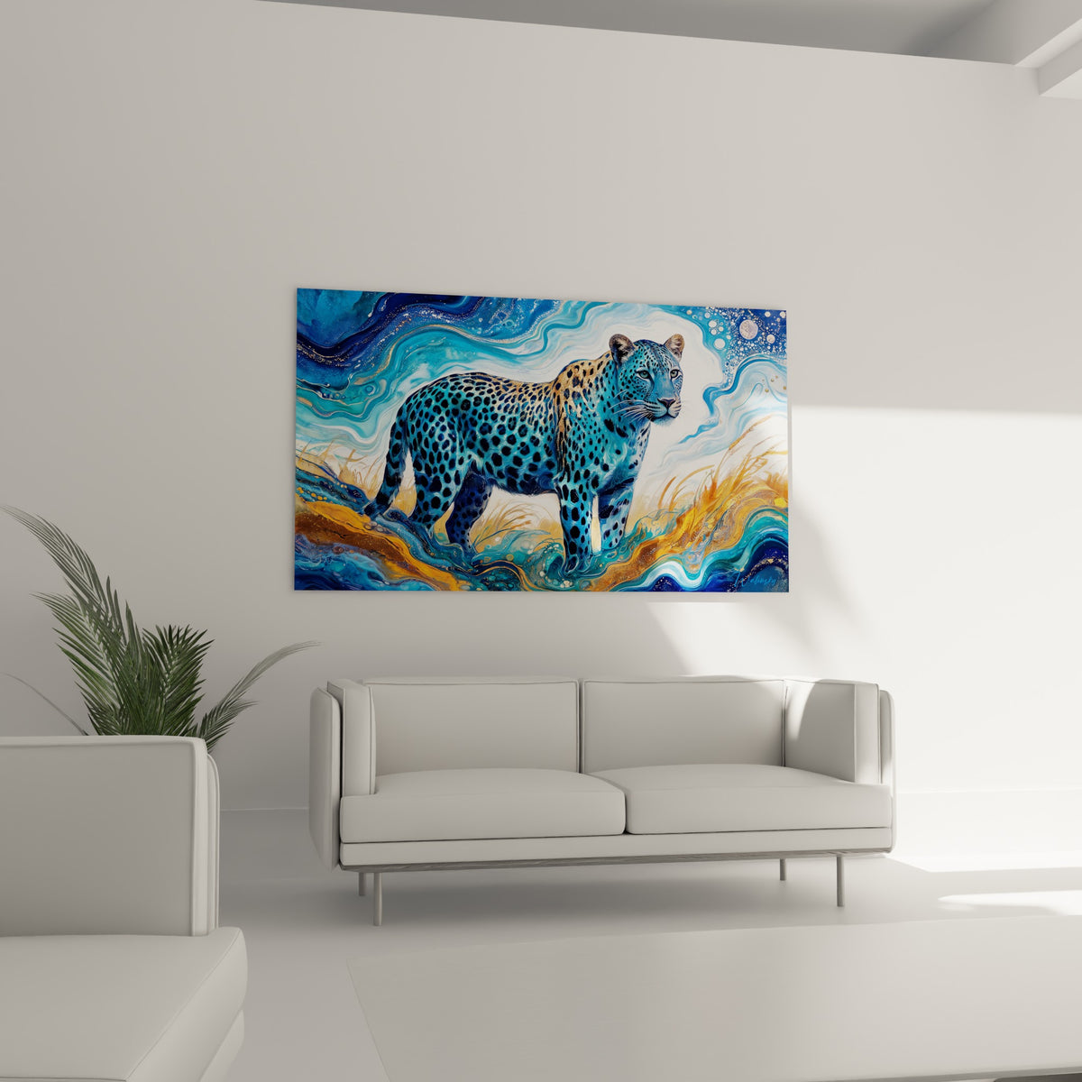 Silhouette de guépard bleu profond et ocre émergeant de volutes lumineuses, au-dessus d'un canapé dans un salon lumineux