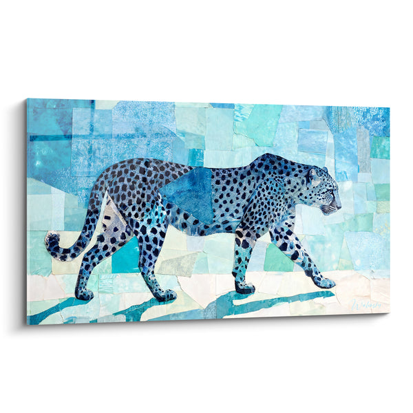 Tableau Guépard turquoise et blanc sur mosaïque de papier - Ombre portée allongée - Edition Guépard