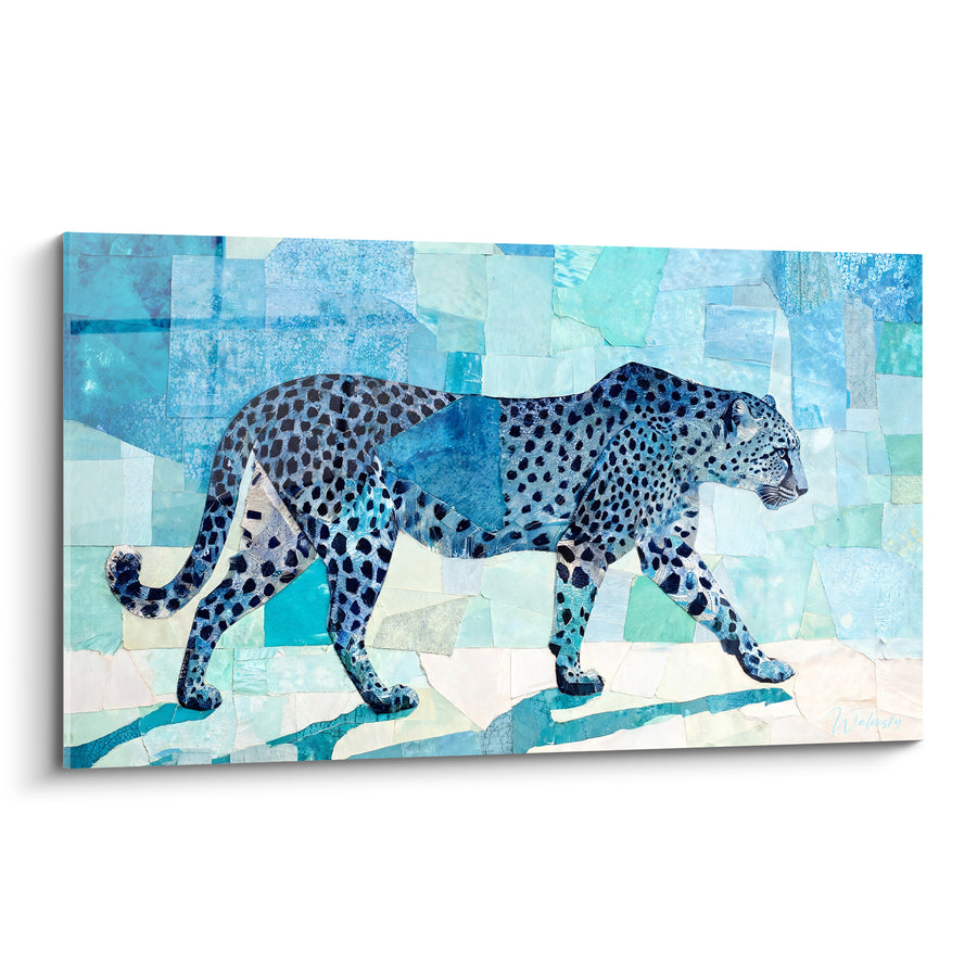 Tableau Guépard turquoise et blanc sur mosaïque de papier - Ombre portée allongée - Edition Guépard
