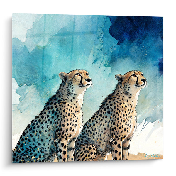 Tableau Guépards fauves aux touches bleu turquoise - Vigie silencieuse - Edition Guépard