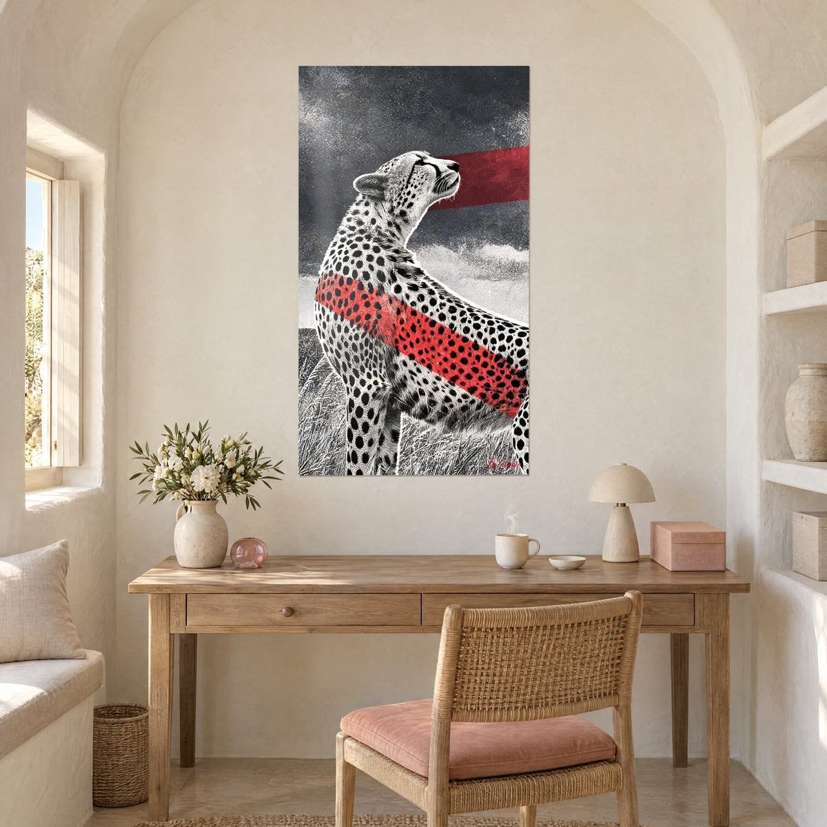Wall art portrait of a proud cheetah, black spots, diagonal red band, dark grey clouds, above a light wood desk