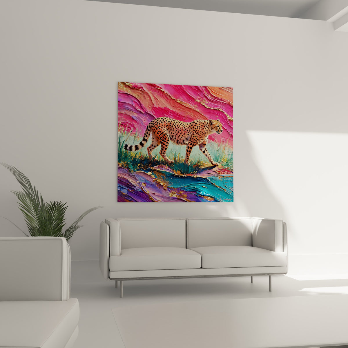 Silhouette de guépard sur fond corail et turquoise texturé, au-dessus d'un canapé dans un salon lumineux