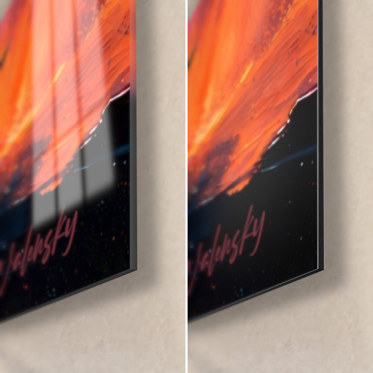 Schilderij cheetahsilhouet, rechter onderhoek: glanzend glas met reflecties links, mat zwart Dibond rechts, 3 mm rand