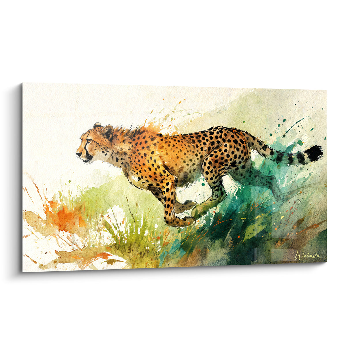 Guépard tacheté en course, robe ocre et taches noires, éclaboussures aquarelle vert sauge et terracotta