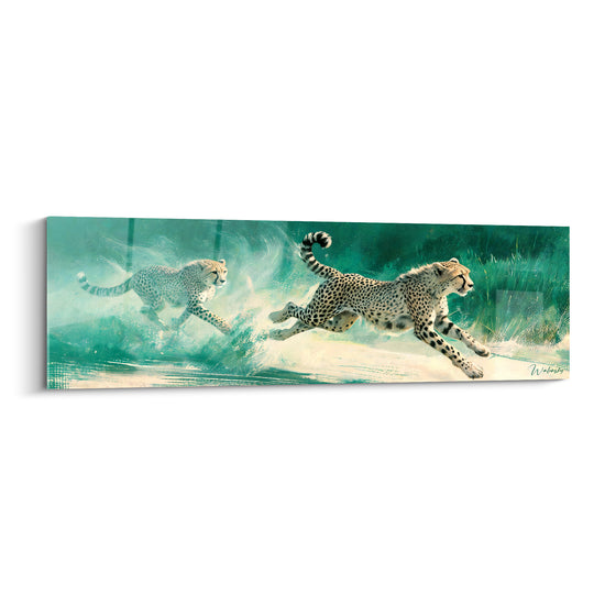 Tableau Guépards blanc et turquoise en pleine sprint - Duo à pleine vitesse - Edition Guépard