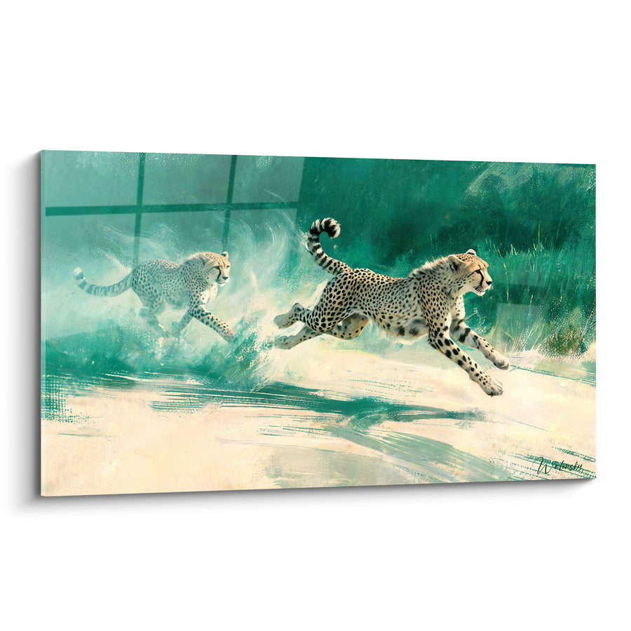 Tableau Guépards fauves et turquoise bondissant sur sable - Course en duo - Edition Guépard