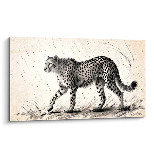 Tableau Guépard beige et noir sous la pluie battante - Marche sous l'orage - Edition Guépard