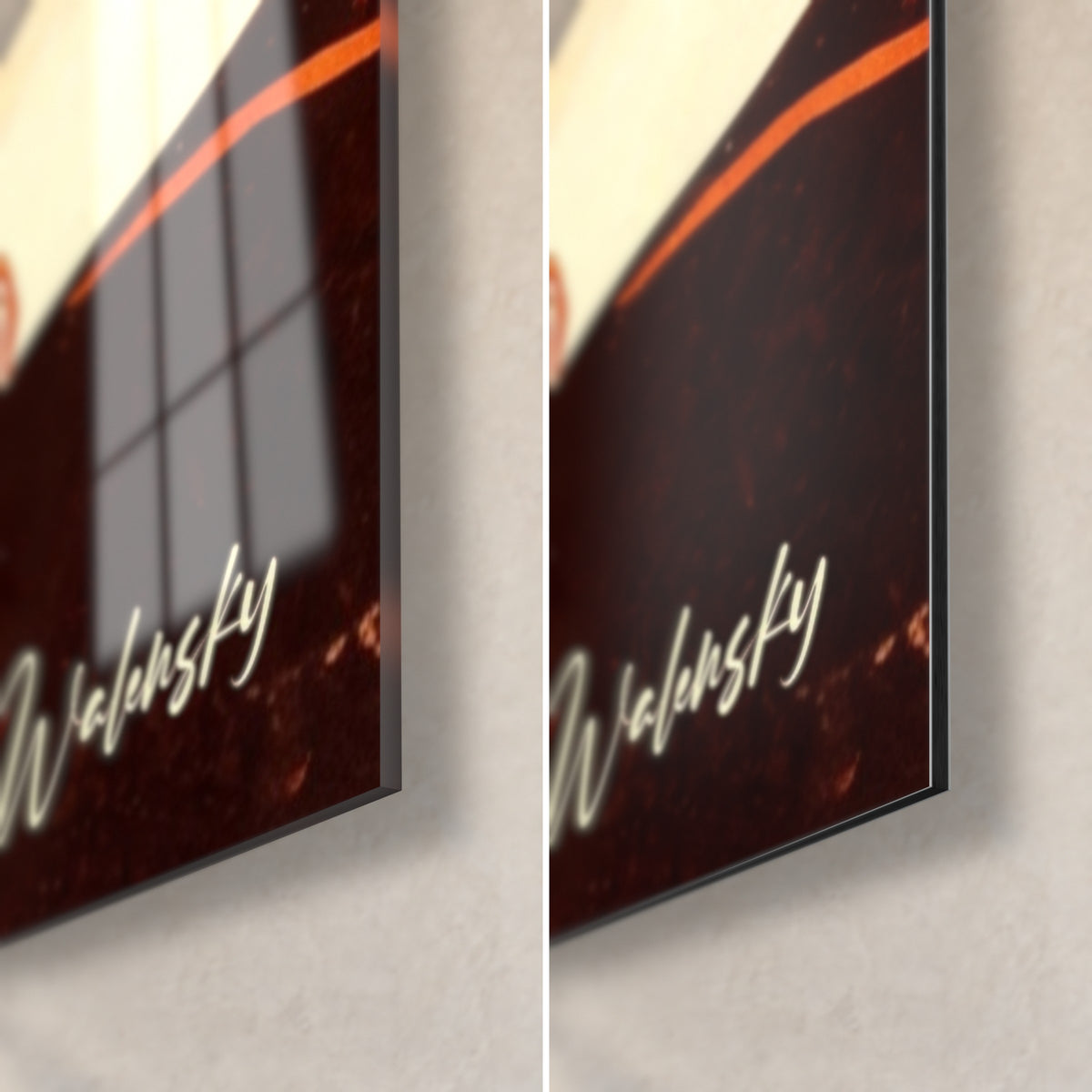 Wall art of a cheetah in tawny and dark brown, white Walensky signature in the bottom right corner: glossy glass on the left, matte Dibond on the right