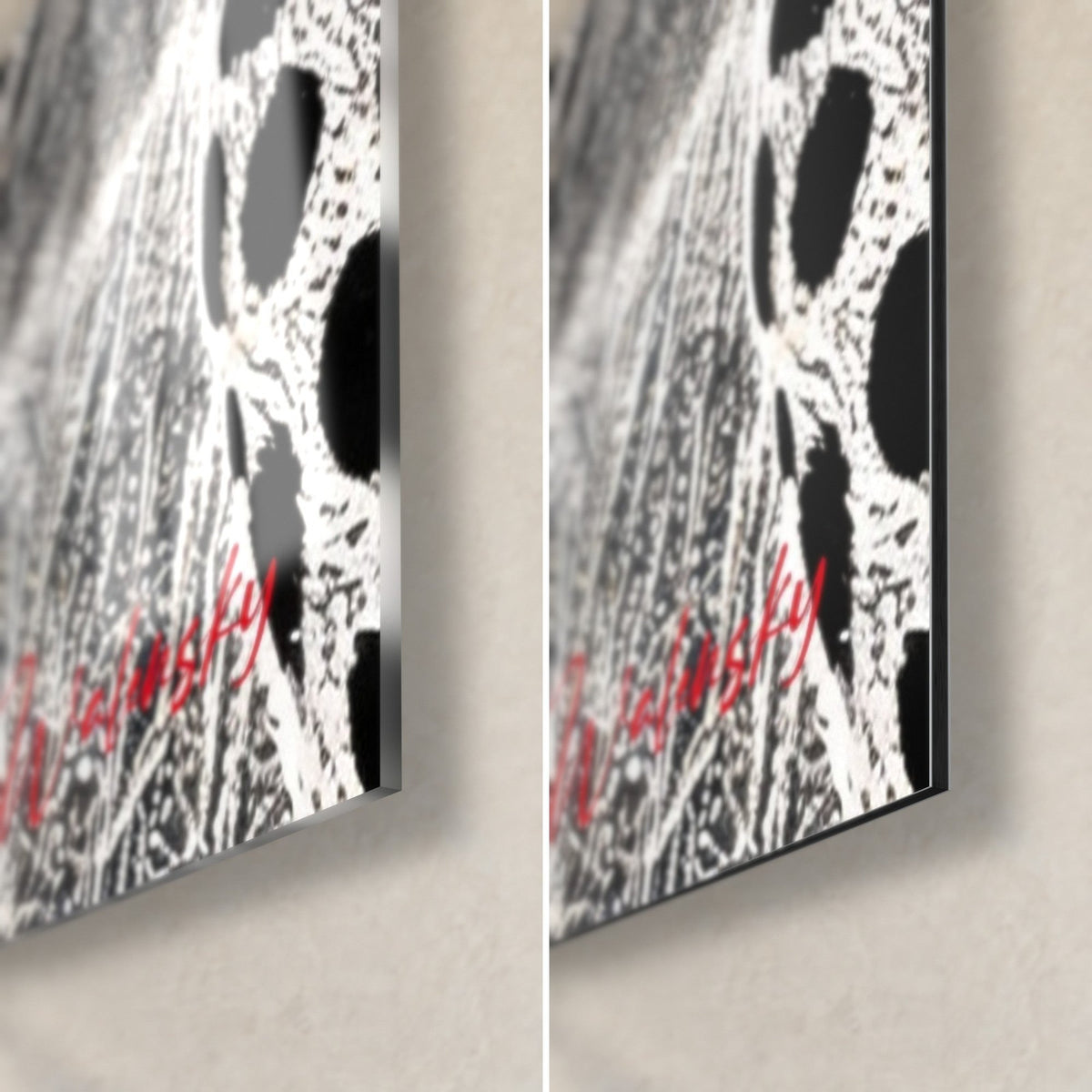 Gemälde Gepard in Schwarzweiß, untere rechte Ecke: glänzendes Acrylglas links, mattes Dibond-Aluminium rechts, 3 mm Kante