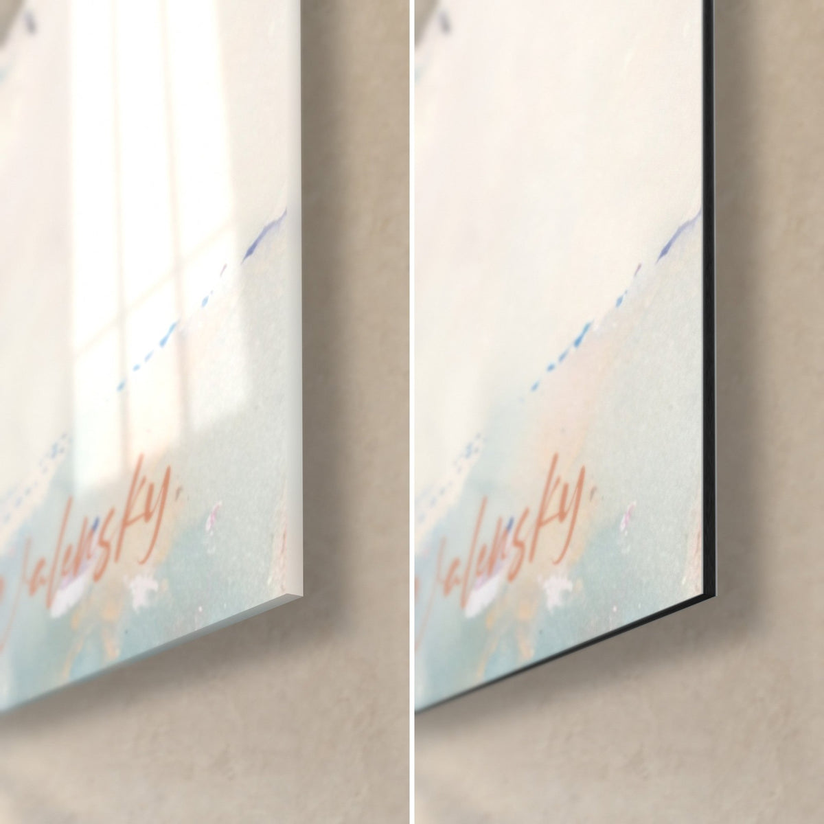 Cuadro de un guepardo pintado en acuarela, esquina inferior derecha: cristal acrílico brillante con reflejos, Dibond de aluminio negro mate y canto de 3 mm